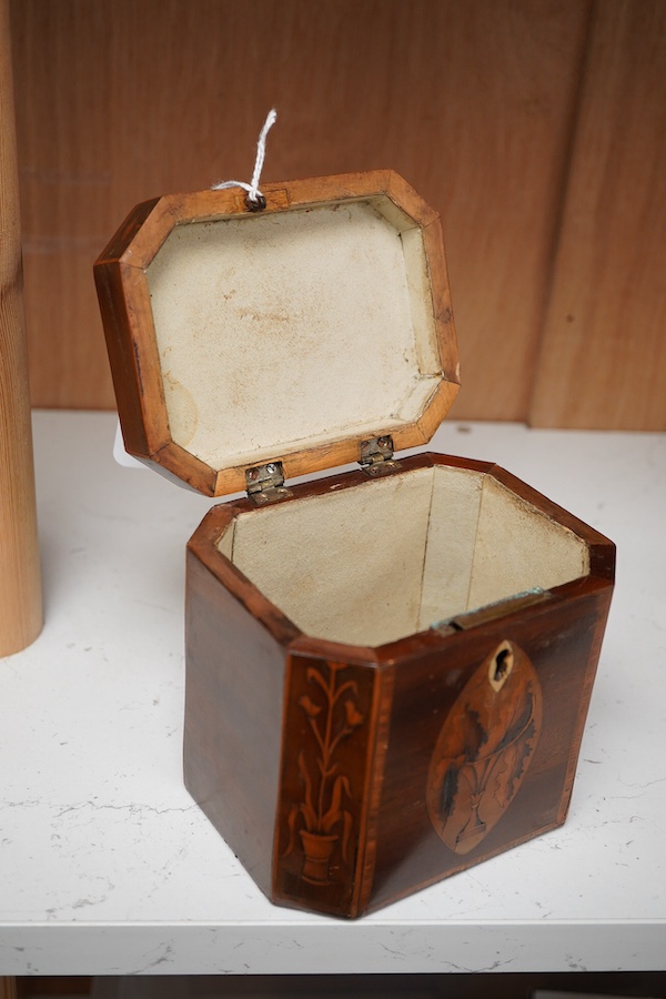 A George III Sheraton period mahogany and marquetry tea caddy, 12cm high